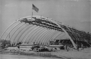 Black and white image of a drill hall being built at Sampson Naval Training Station.