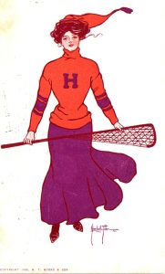 Postcard of a girl in orange sweater with lacrosse stick by Alice Fidler