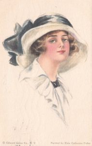 Postcard of a girl with large white hat by Elsie Fidler