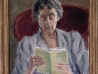 Painting of an elderly woman sitting in a red chair reading a magazine.
