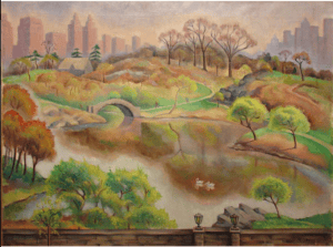 Impressionistic-style painting of a city skyline beyond rolling hills, rounded trees and shrubs, and an arched bridge over a stream near a pond. 