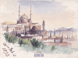 A watercolor painting of a domed mosque with several minarets and vegetation in the foreground and hills in the background.