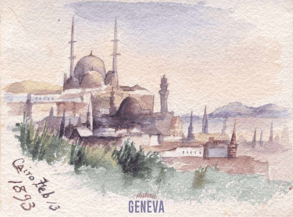 A watercolor painting of a domed mosque with several minarets and vegetation in the foreground and hills in the background.