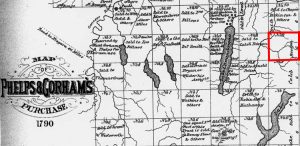 1790 map showing Town 9 and future location for the Seneca Presbyterian Church.